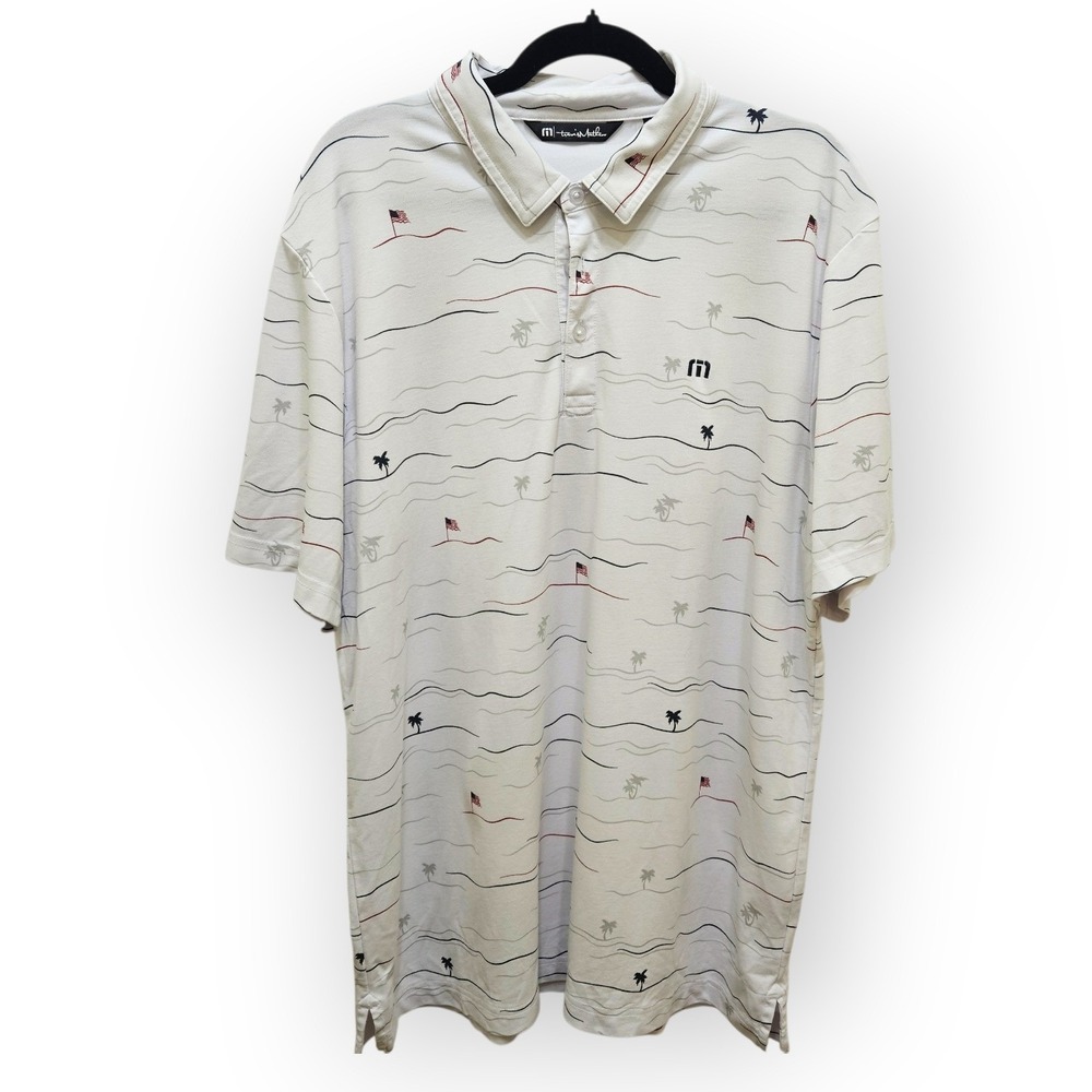 TravisMathew Mens XL White Golf Polo Shirt Palm Tree American Flag Graphic Print